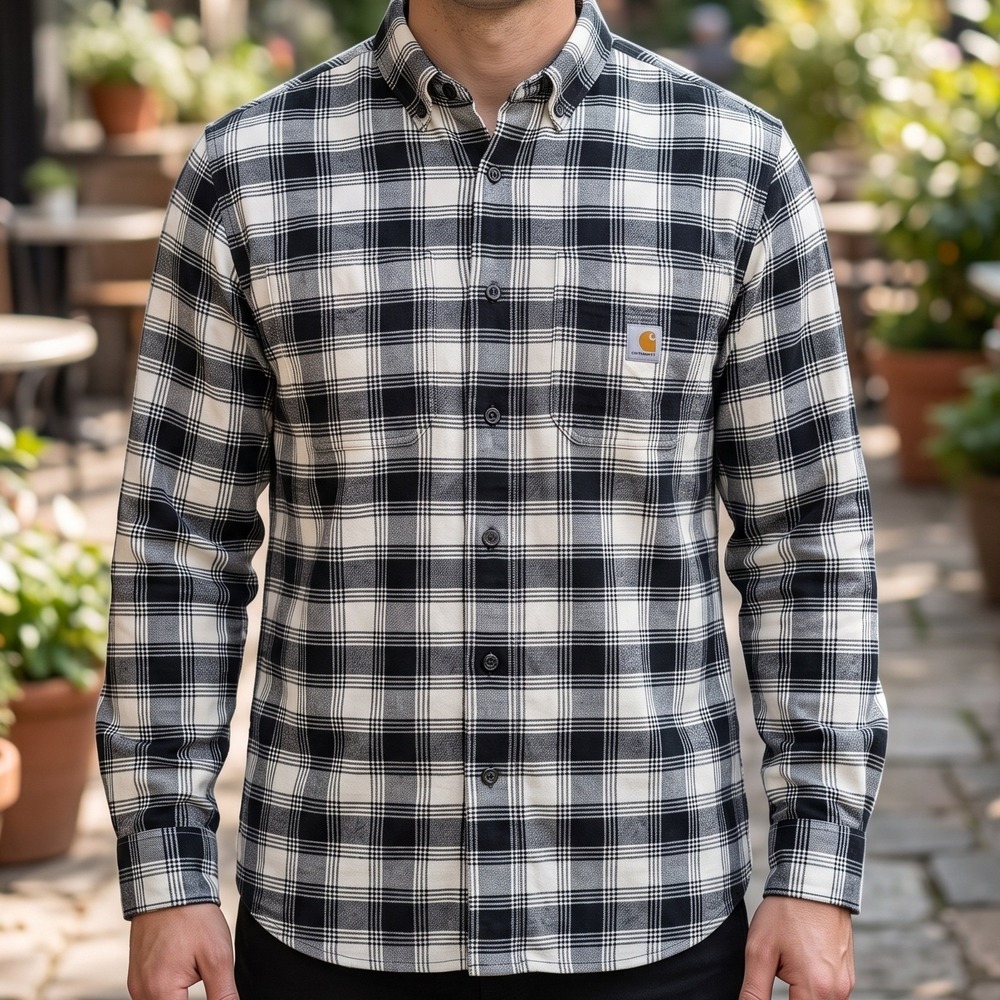 Carhartt Button Down Shirt Mens Large Black White Plaid Rugged Flex Excellent